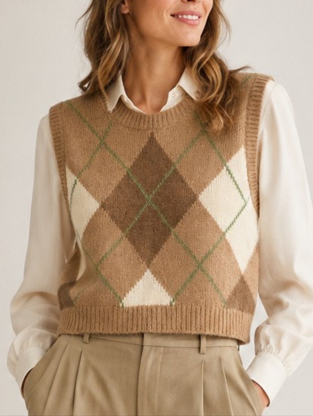 Sezane Sweater Vest Khaki Cream Argyle Crop Crew Neck Alpaca Blend Size Large - Picture 2 of 15